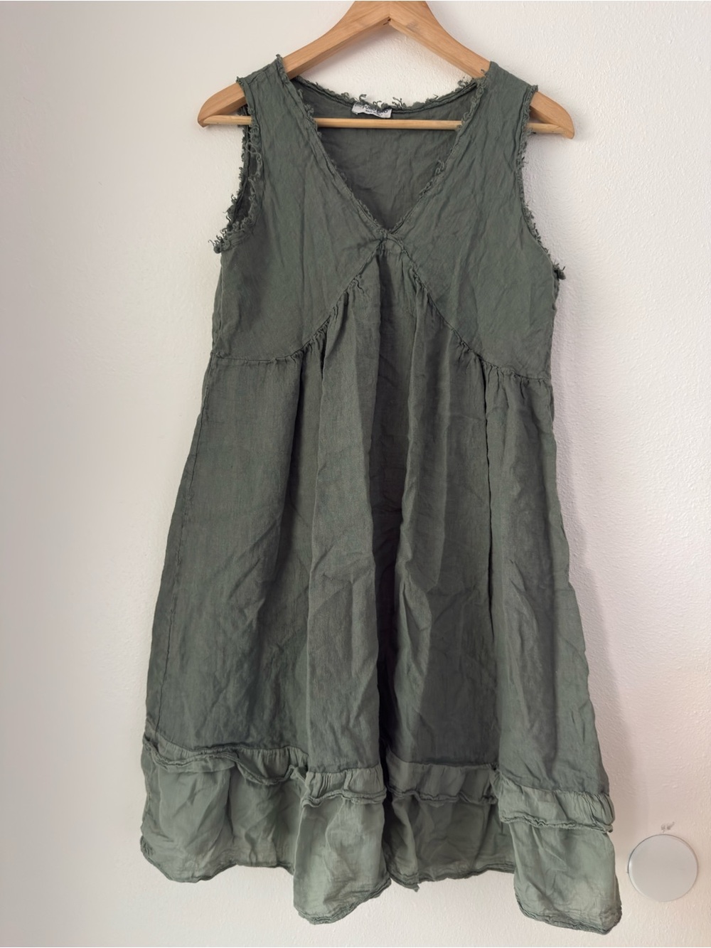 Puro Lino Women’s Green Olive Linen Dress Minimalist Comfortable Dress Size S